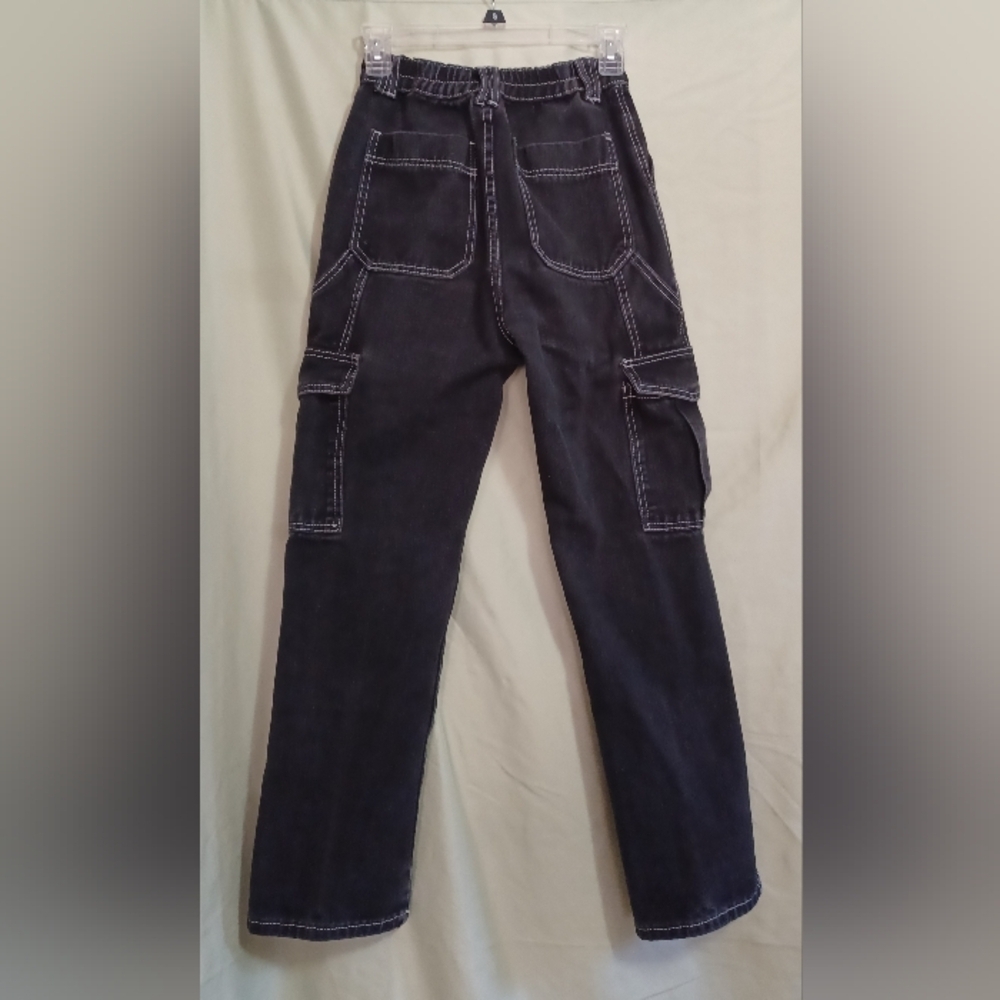 Black Cargo Jeans High Waist Wide Straight Leg Trousers - Picture 5 of 11